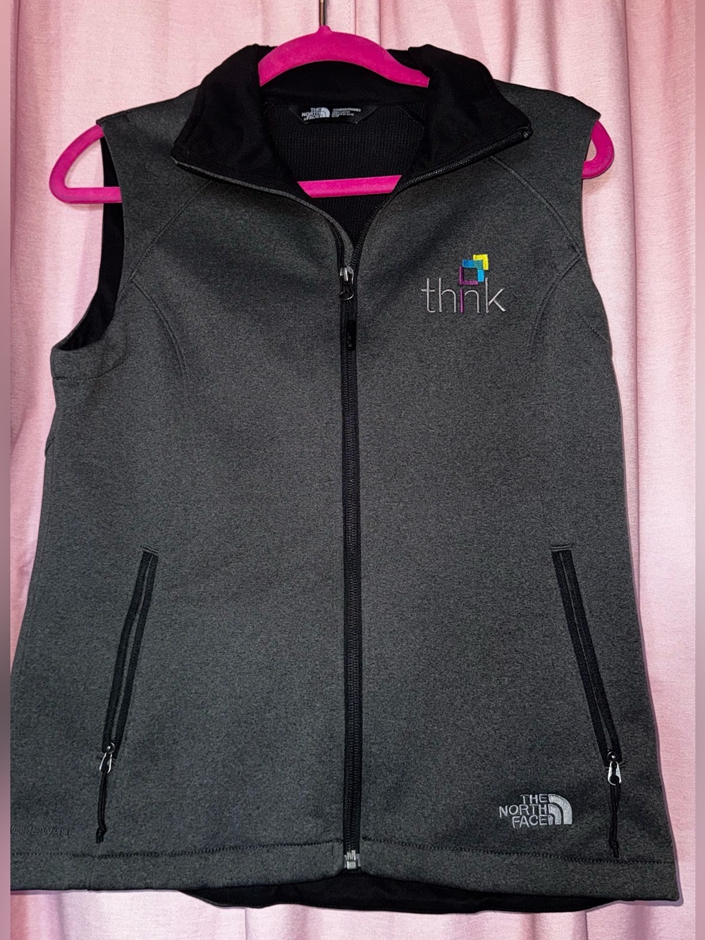 The North Face Charcoal Gray Softshell Vest with Colorful 'think' Logo